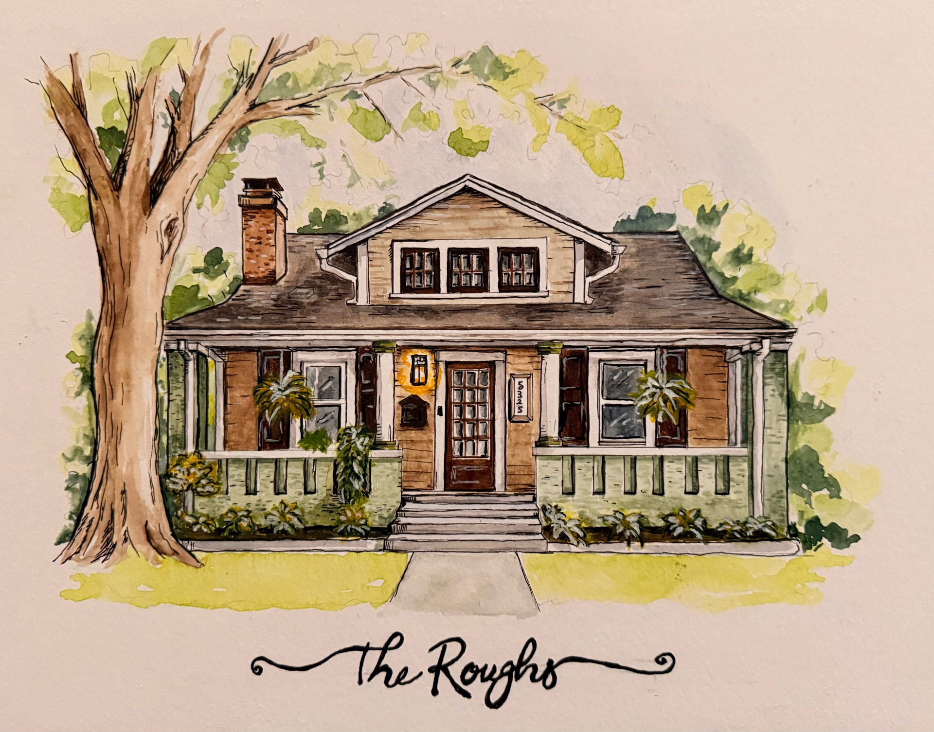 Original watercolor painting of a craftsman bungalow with a large tree, titled The Roughs